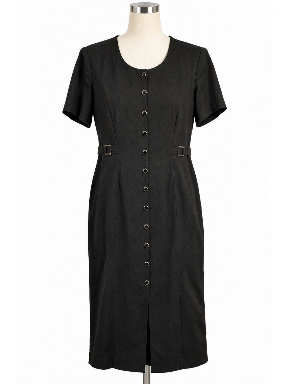 Vintage Black Button Front Midi Dress with Waist Buckle
